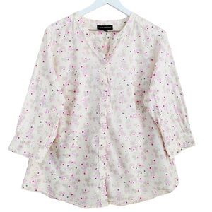 PLUS‎ Lane Bryant Cottage-Core Cream and Pink Floral 3/4 Sleeve Button Down Top